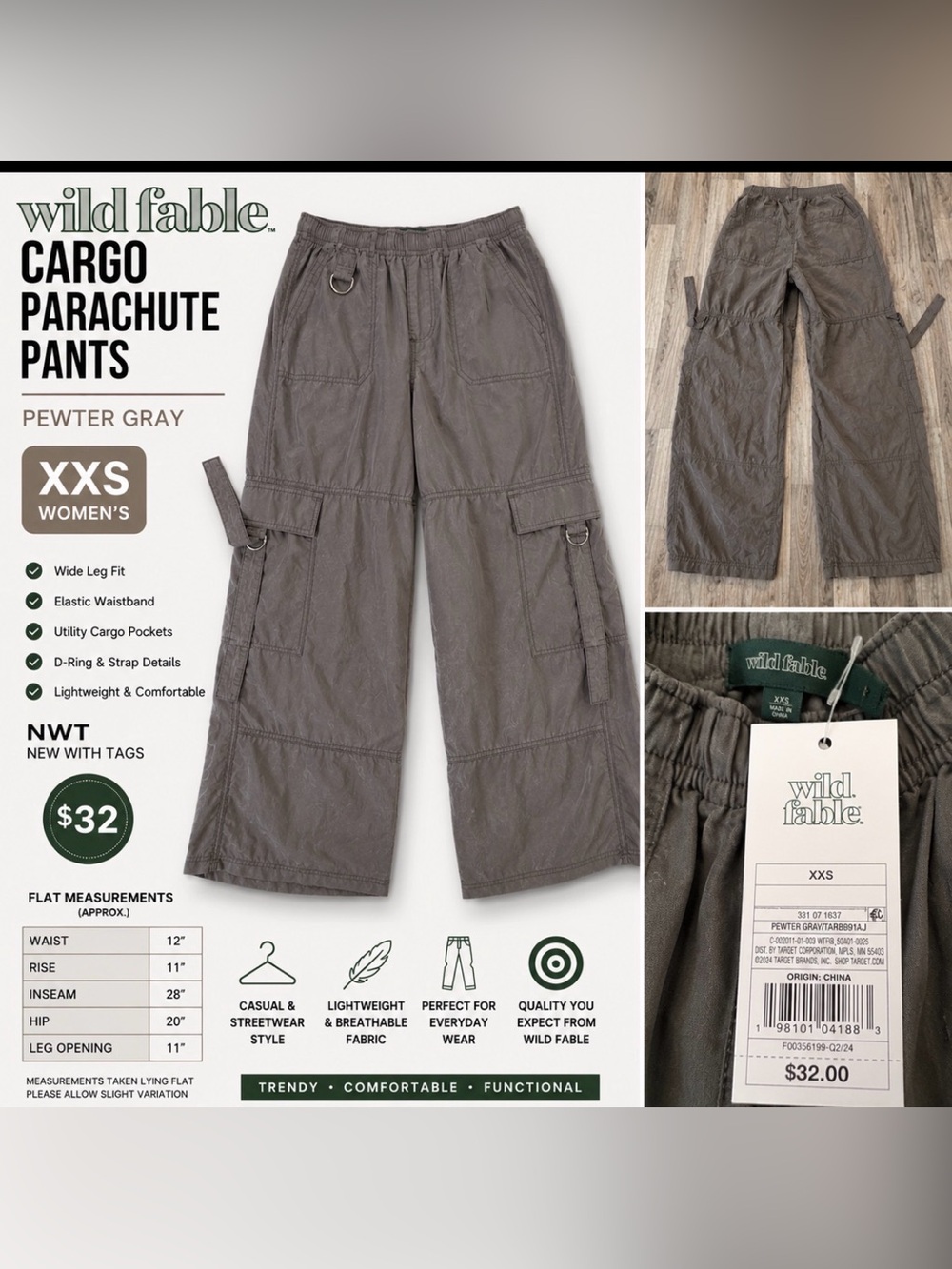 Wild Fable Cargo Parachute Pants – Women’s XXS – Pewter Gray – NWT